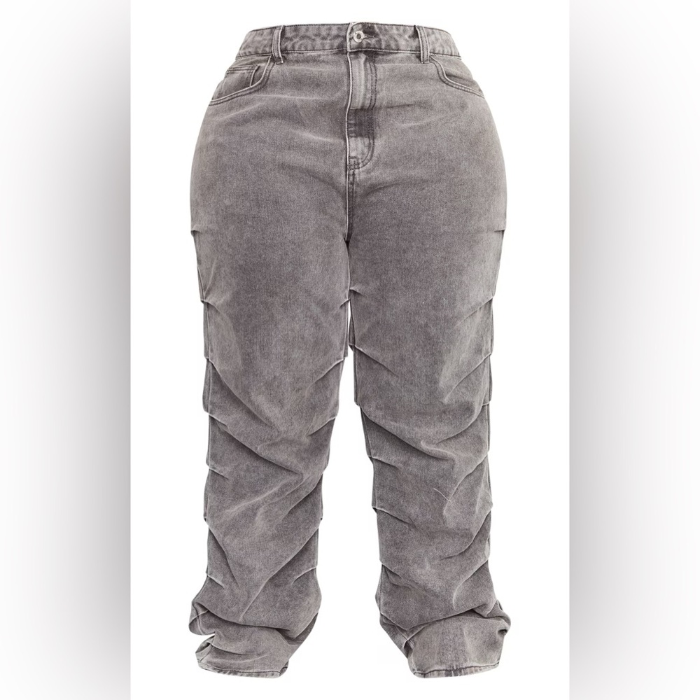 Prettylittlething Washed Gray Ruched Straight Leg denim Jeans 👖 BNWT SIZE US 10